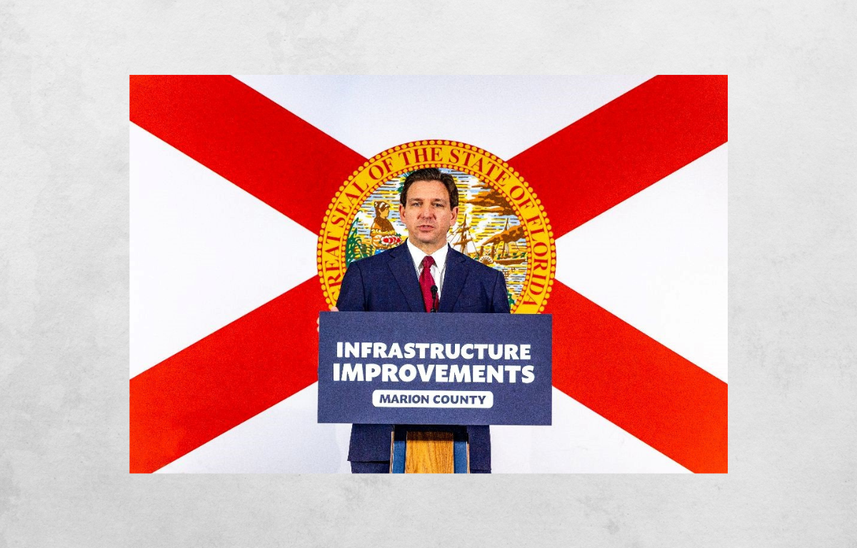 Governor Ron DeSantis speaks to the crowd during a press conference in Ocala in April.