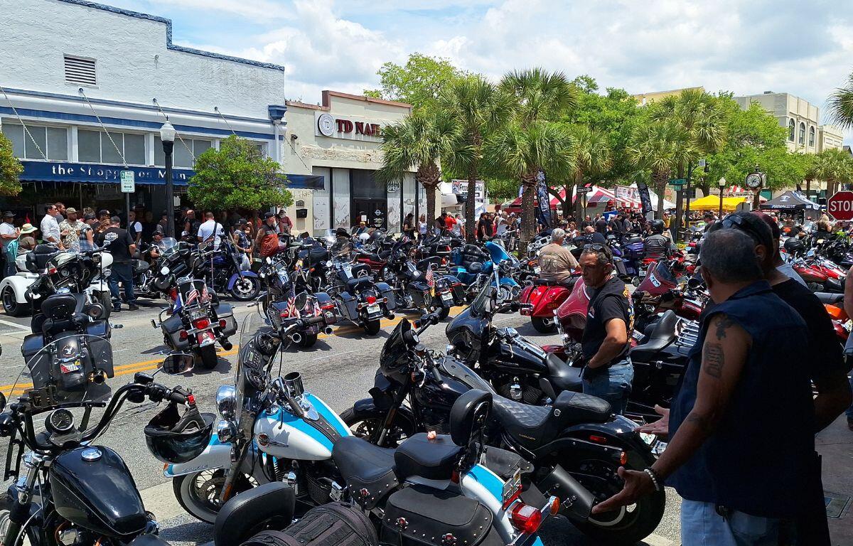 Motorcycles line Main Street in historic Leesburg for Bikefest 2024 on Saturday, April 27, 2024.