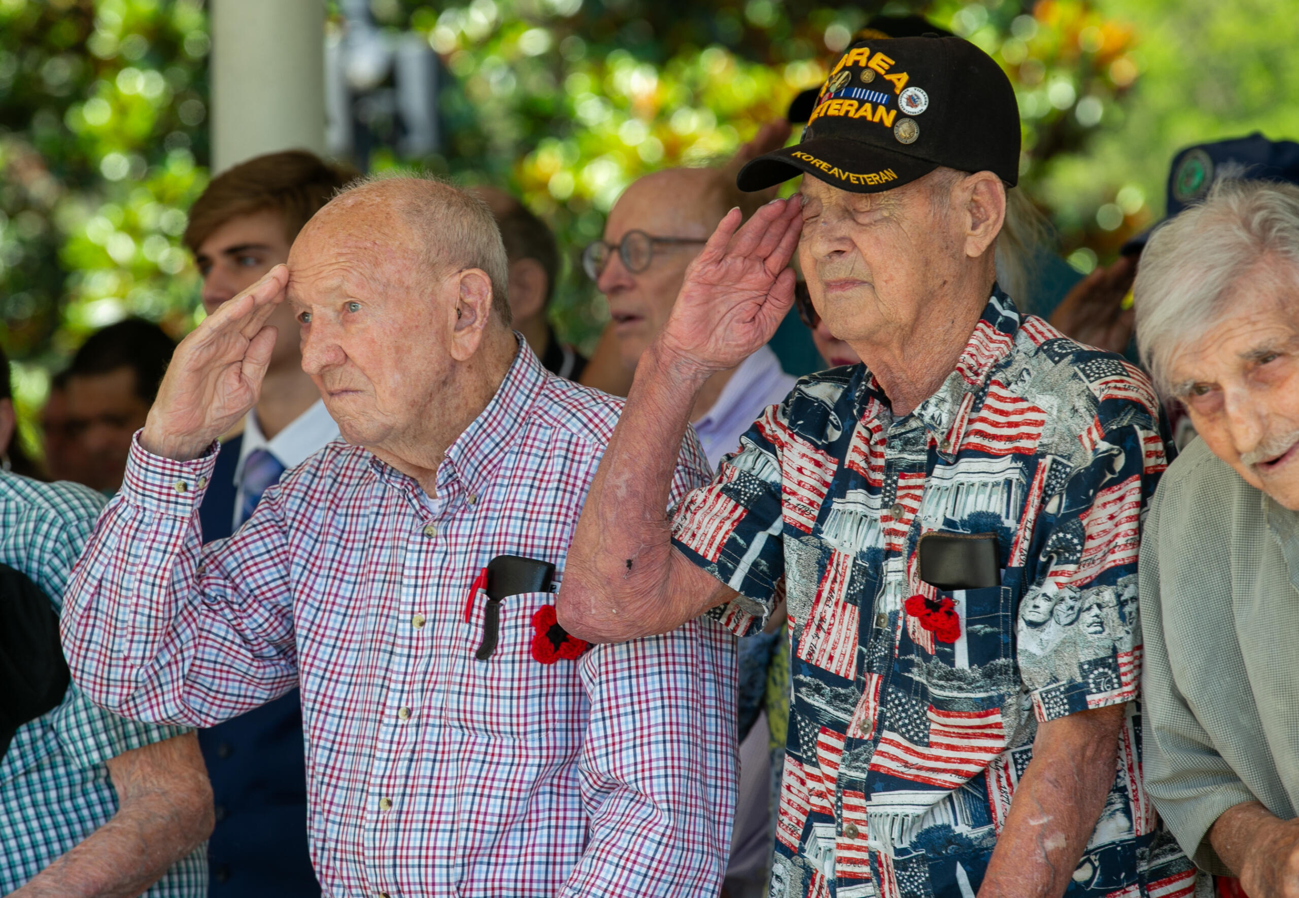 Two elderly veterans salute during a Memorial Day event in Ocala, surrounded by fellow attendees.