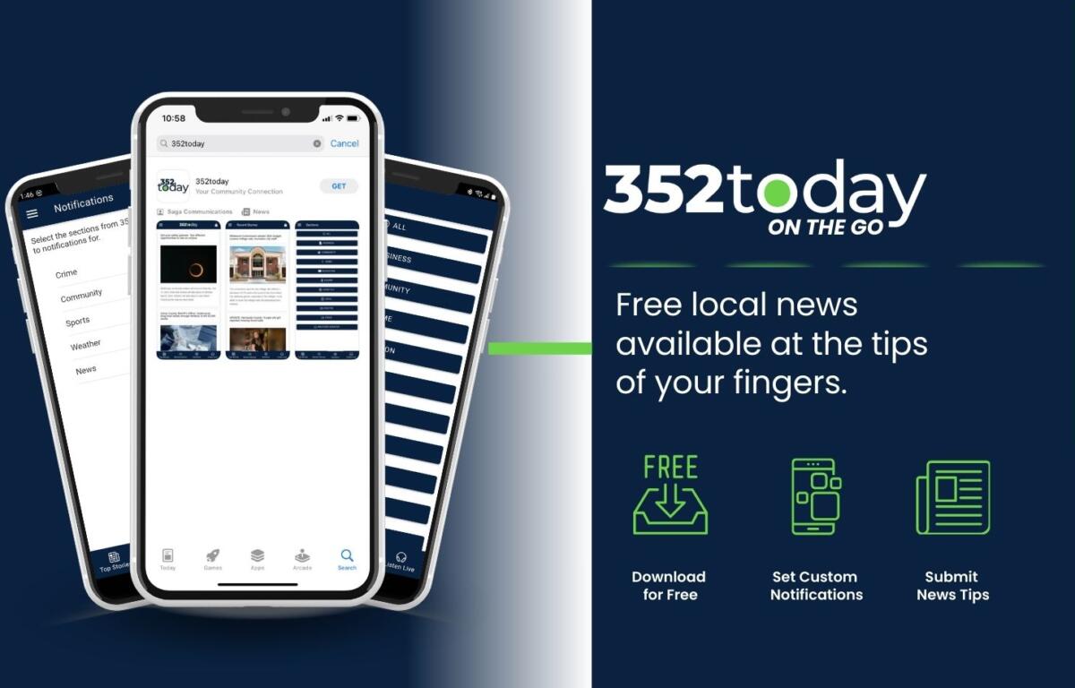 Three cellphones displaying 352today app features appear on a blue background. To the right of those images, the 352today logo appears above the words "Free local news available at the tips of your fingers." Three icons appear, promoting free downloads, custom push notifications, and submission of news tips.
