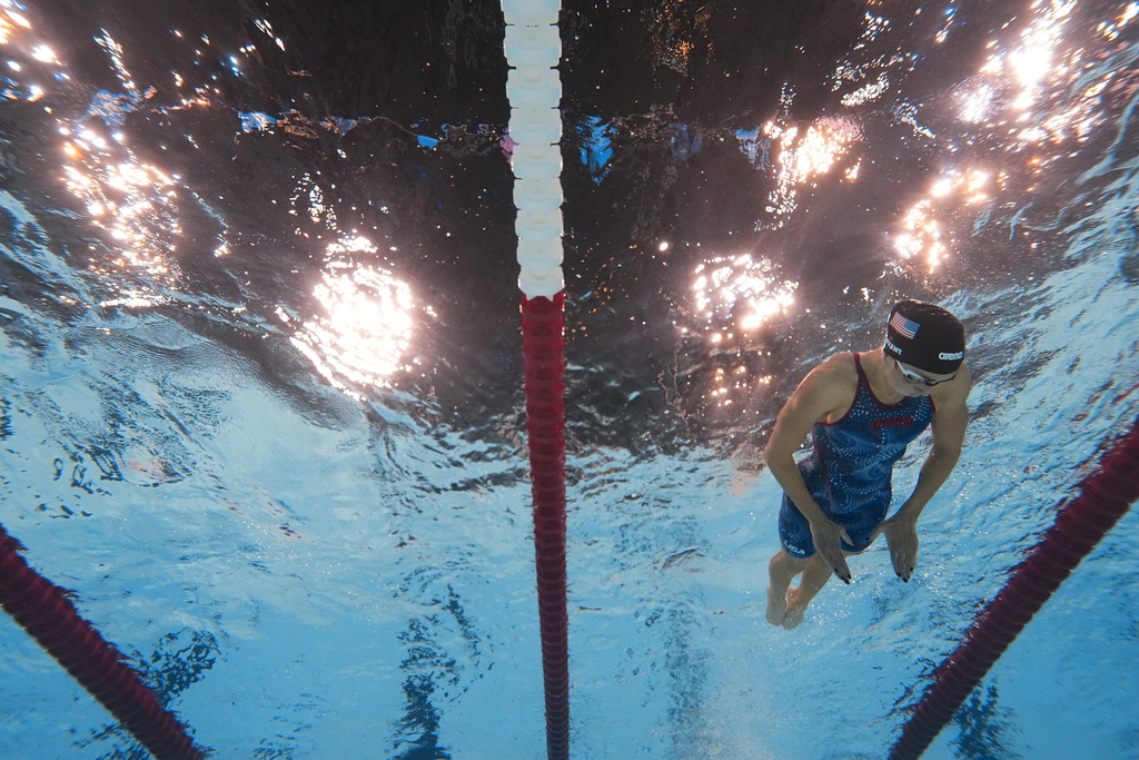An underwater photo of Emma Weyant, of the United States, competing in the 400-meter individual medley.