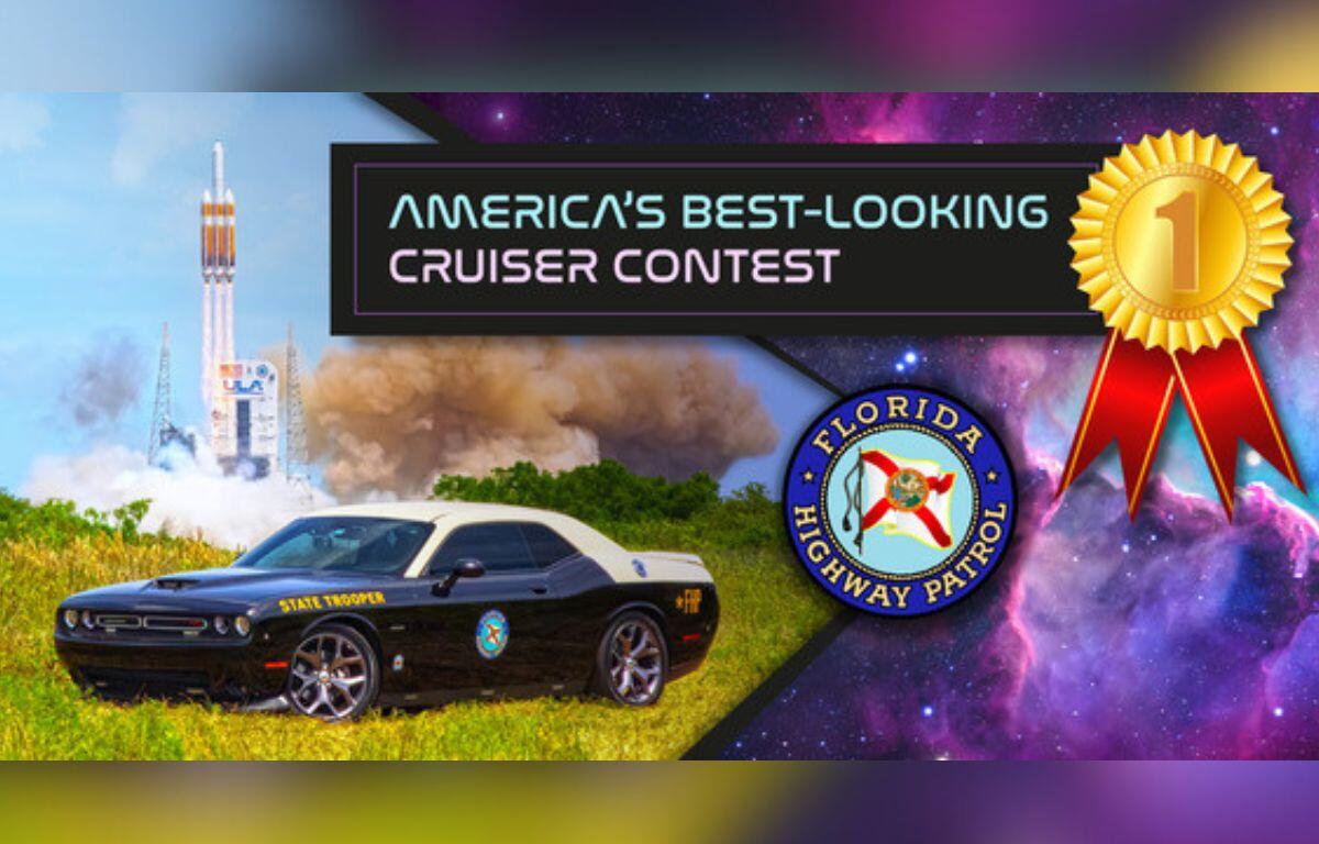 Image is a graphic showing the FHP cruiser in front of a rocket launching with a ribbon indicating the agency won the Best-Looking Cruiser contest.