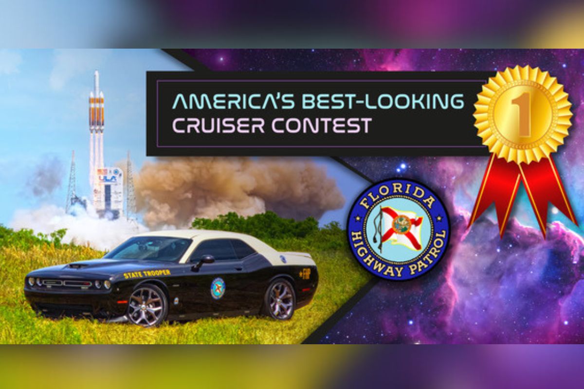 Image is a graphic showing the FHP cruiser in front of a rocket launching with a ribbon indicating the agency won the Best-Looking Cruiser contest.