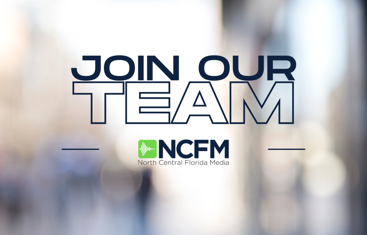 Blue letters reading Join our Team are above a blue logo reading NCFM, North Central Florida Media. The background is obscure and presents multiple blue and white tones.