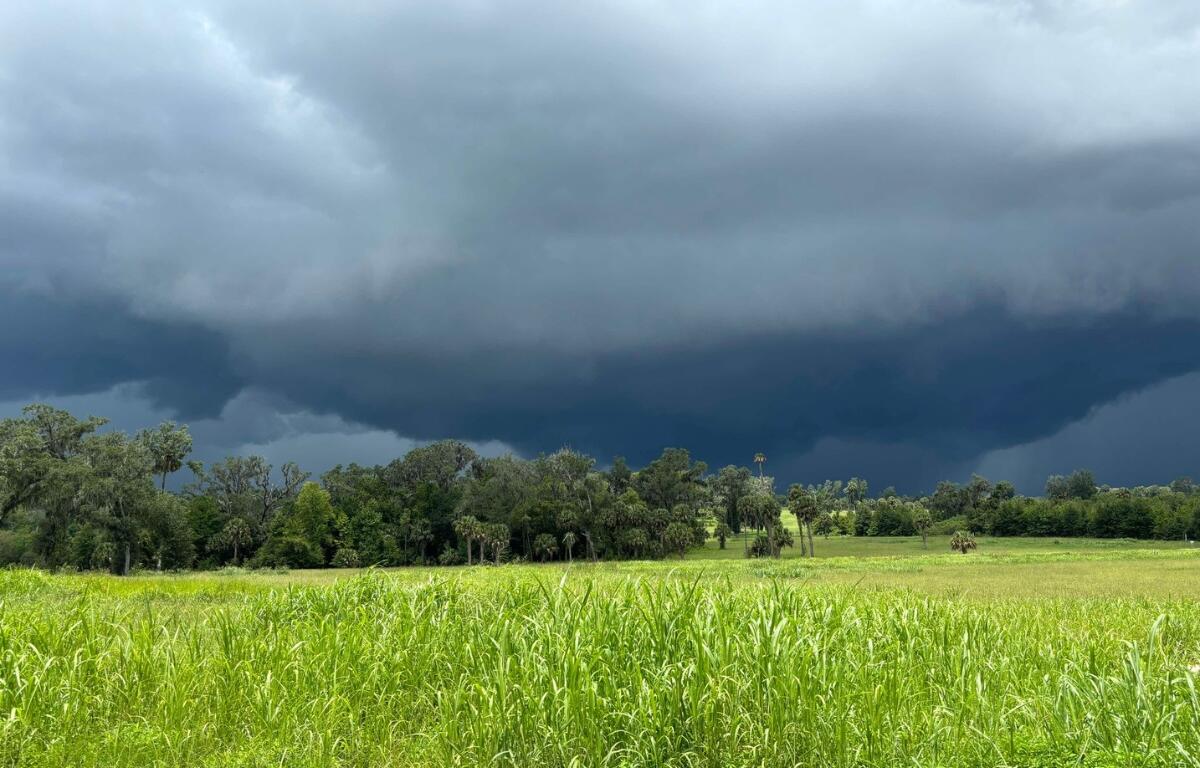 Dark storm clouds loom over a green field in southeast Ocala.