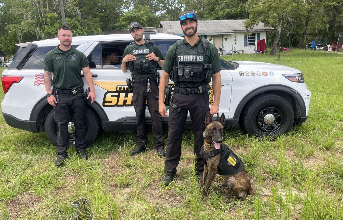 The photo shows three deputies posing for a photo op with K-9 Ike and the wanted man in custody in the back of the patrol car.