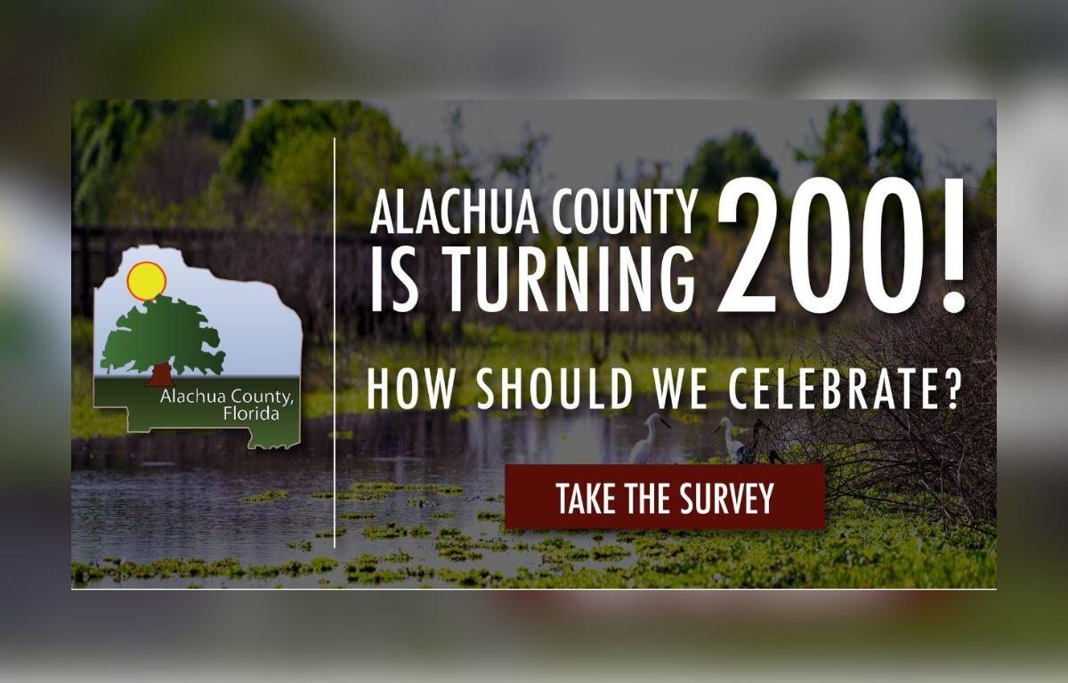 Image shows a graphic that says Alachua County is turning 200 years old. And asks, "How should we celebrate?" And text instructs readers to "take the survey."