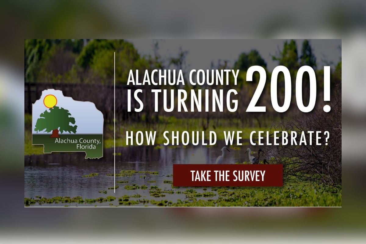 Image shows a graphic that says Alachua County is turning 200 years old. And asks, "How should we celebrate?" And text instructs readers to "take the survey."