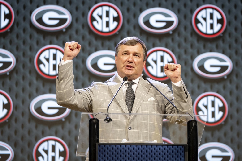 Georgia head coach Kirby Smart speaks during Southeastern Conference NCAA college football media days.
