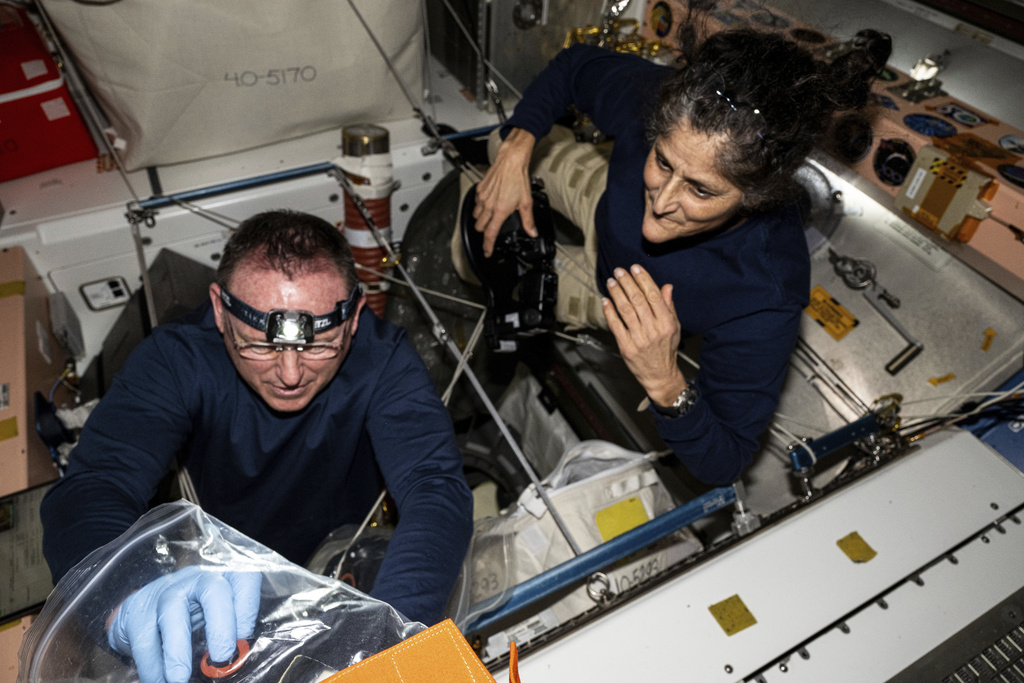 In this photo provided by NASA, astronauts Butch Wilmore, left, and Suni Williams inspect safety hardware aboard the International Space Station.