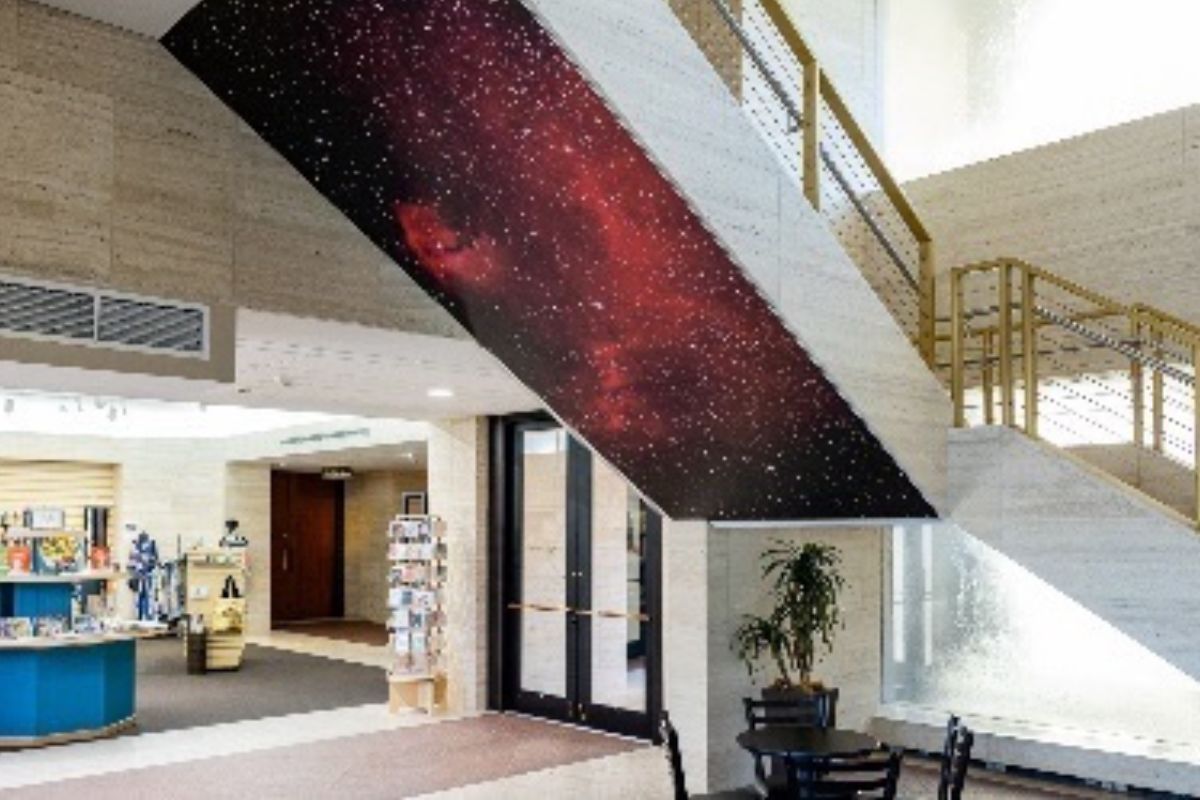 Image shows art installation based on a composite photograph of the cosmos.