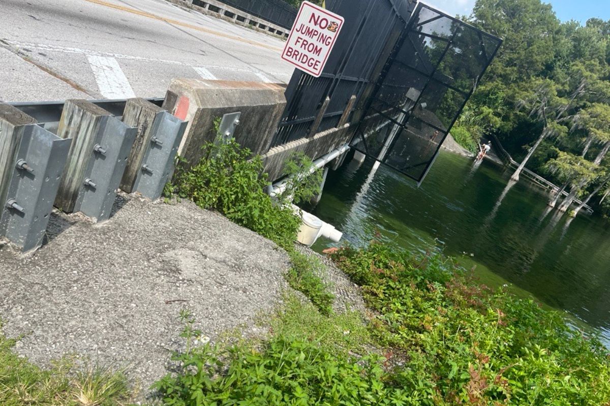 Image of the County Road 484 bridge and the stormwater pipes that people hang off of and jump into the water below.