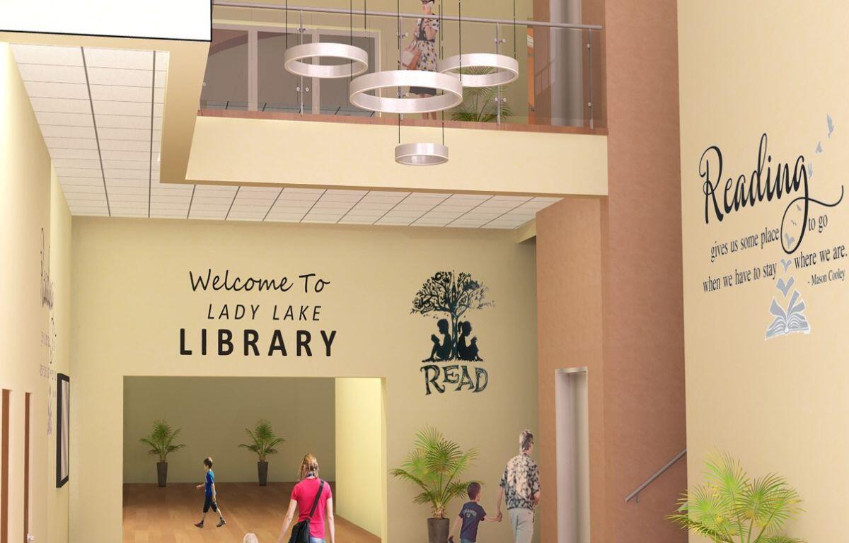 The image is a rendering of the new library entrance as part of the expansion.