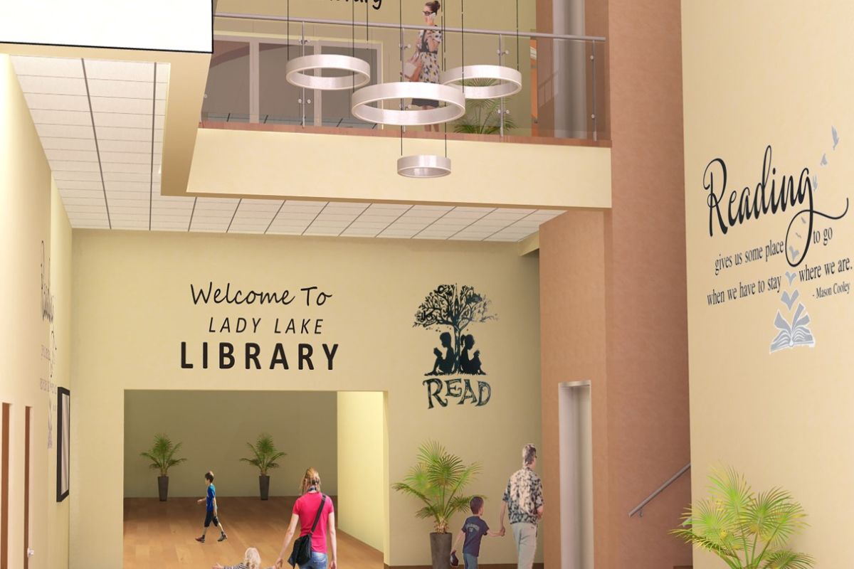 The image is a rendering of the new library entrance as part of the expansion.