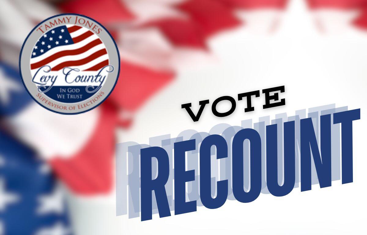 Image shows a patriotic background with the Levy County Election Supervisor's logo and the words "Vote Recount."