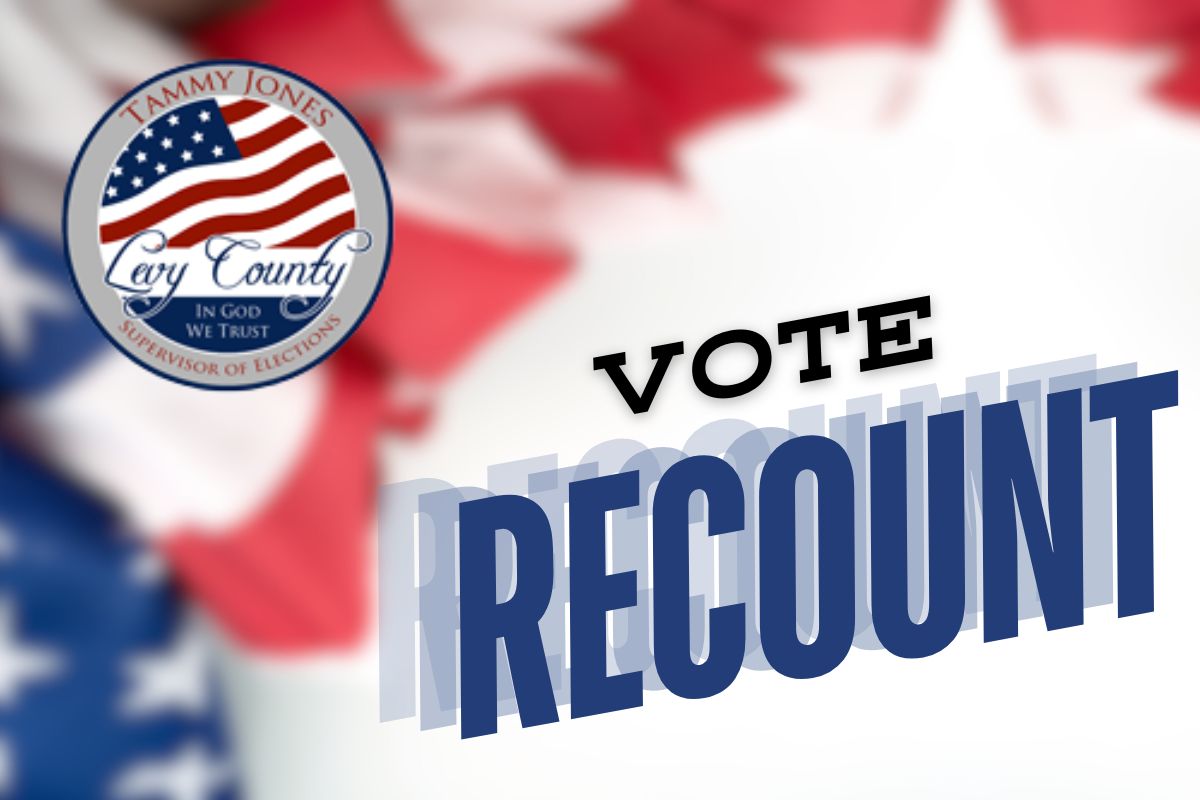 Image shows a patriotic background with the Levy County Election Supervisor's logo and the words "Vote Recount."