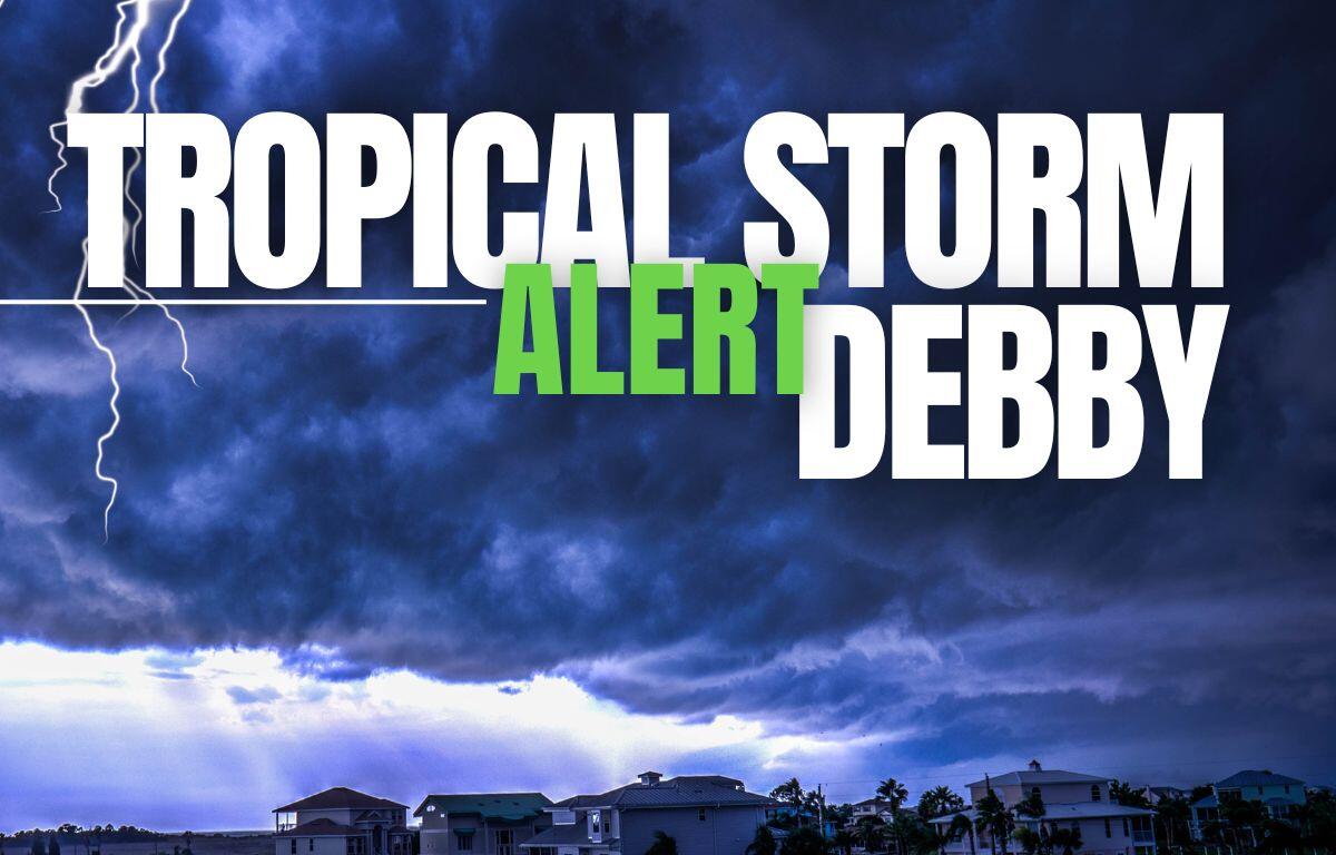 Image has the text "Tropical Storm Debby Alert" with dark skies and a lightning bolt.