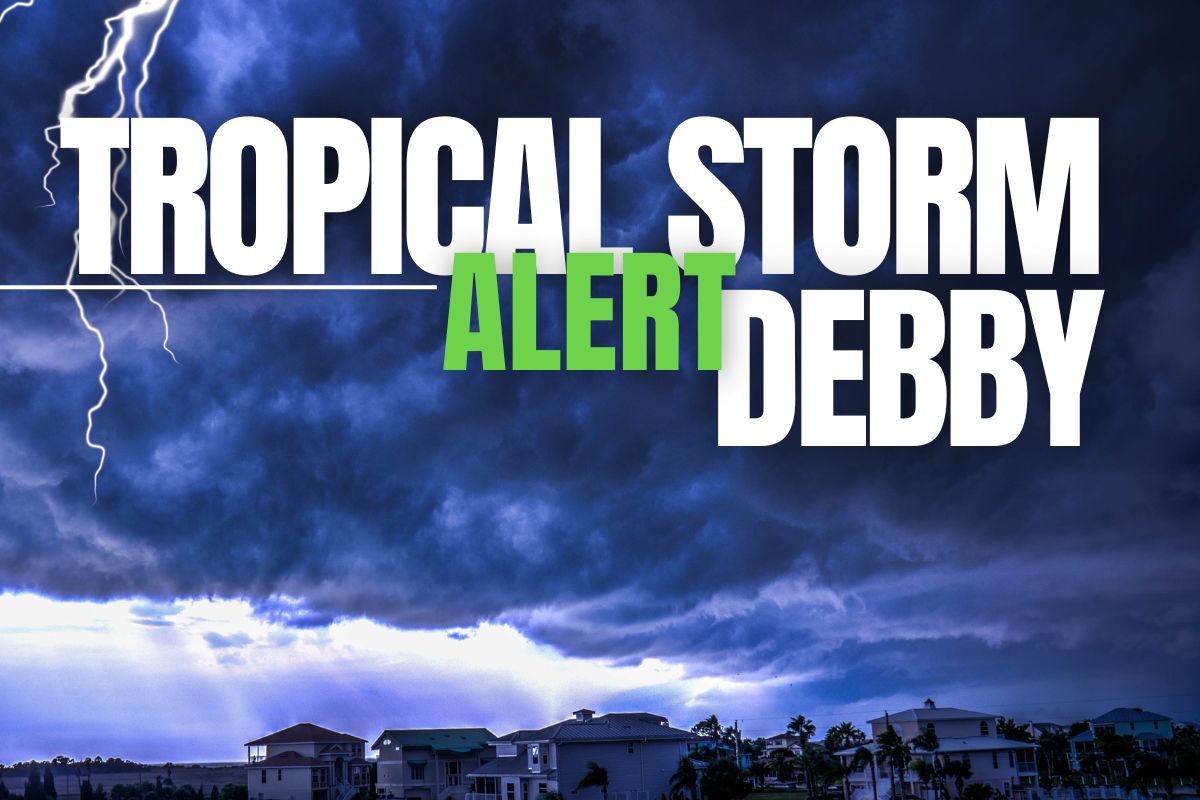 Image has the text "Tropical Storm Debby Alert" with dark skies and a lightning bolt.