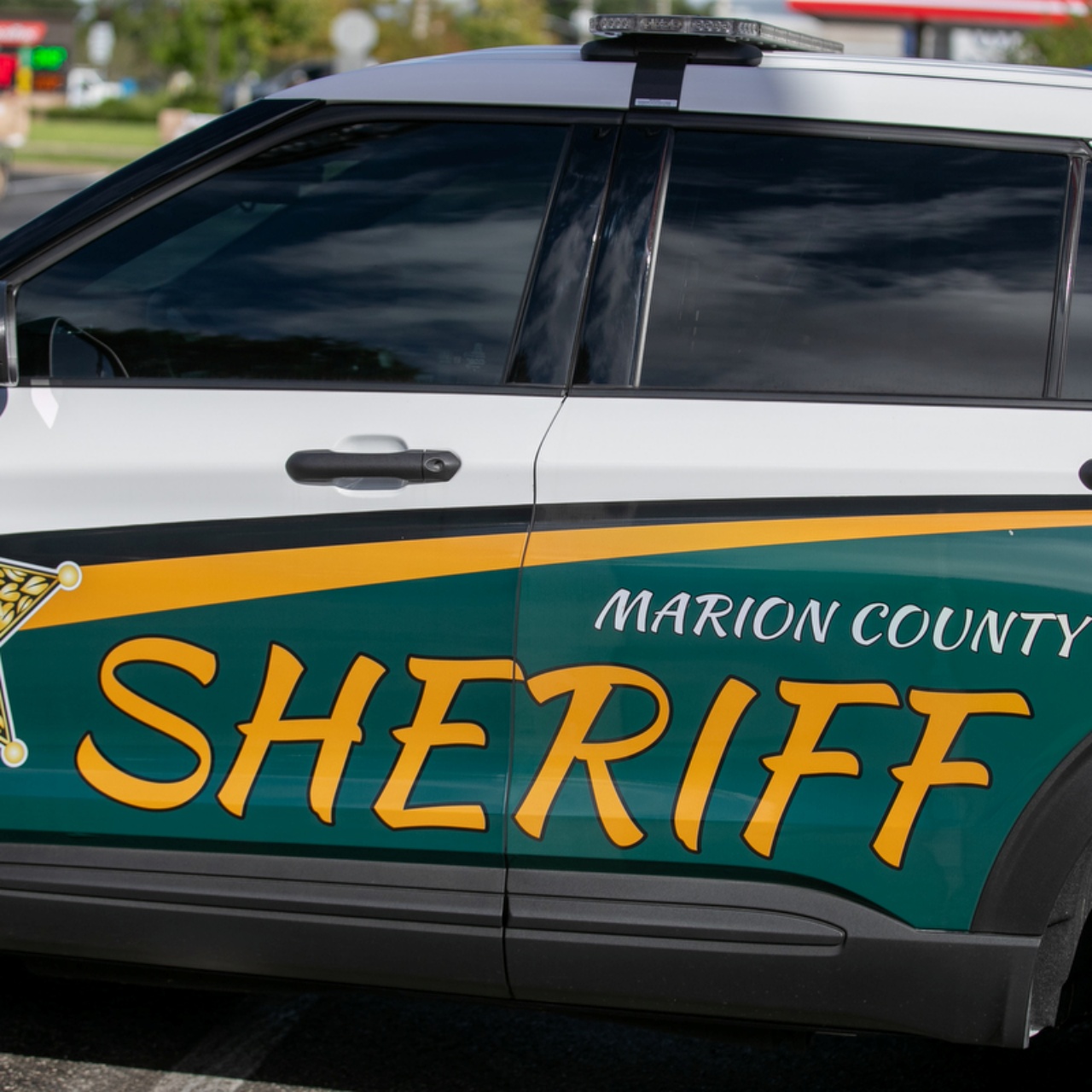 Green and white law enforcement vehicle with lettering on the front, and a street scene in the background.