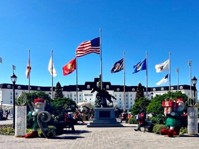 Front of The Equestrian Hotel at the World Equestrian Center in Ocala, decorated for Christmas.