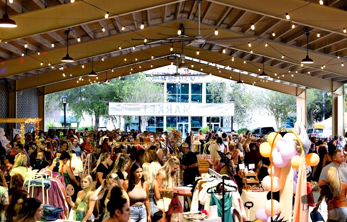 Overhead view of the Ocala Downtown Market during a Girls Night Out event.