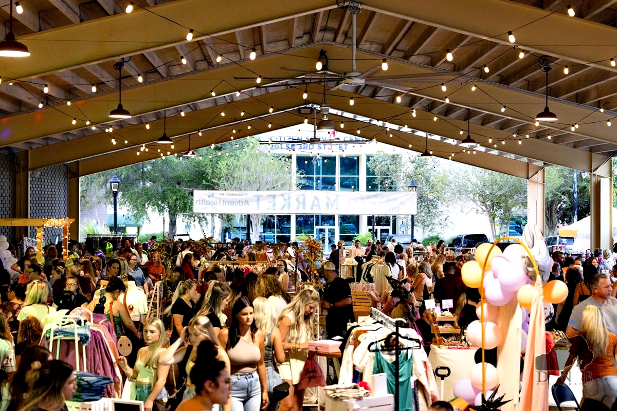 Overhead view of the Ocala Downtown Market during a Girls Night Out event.