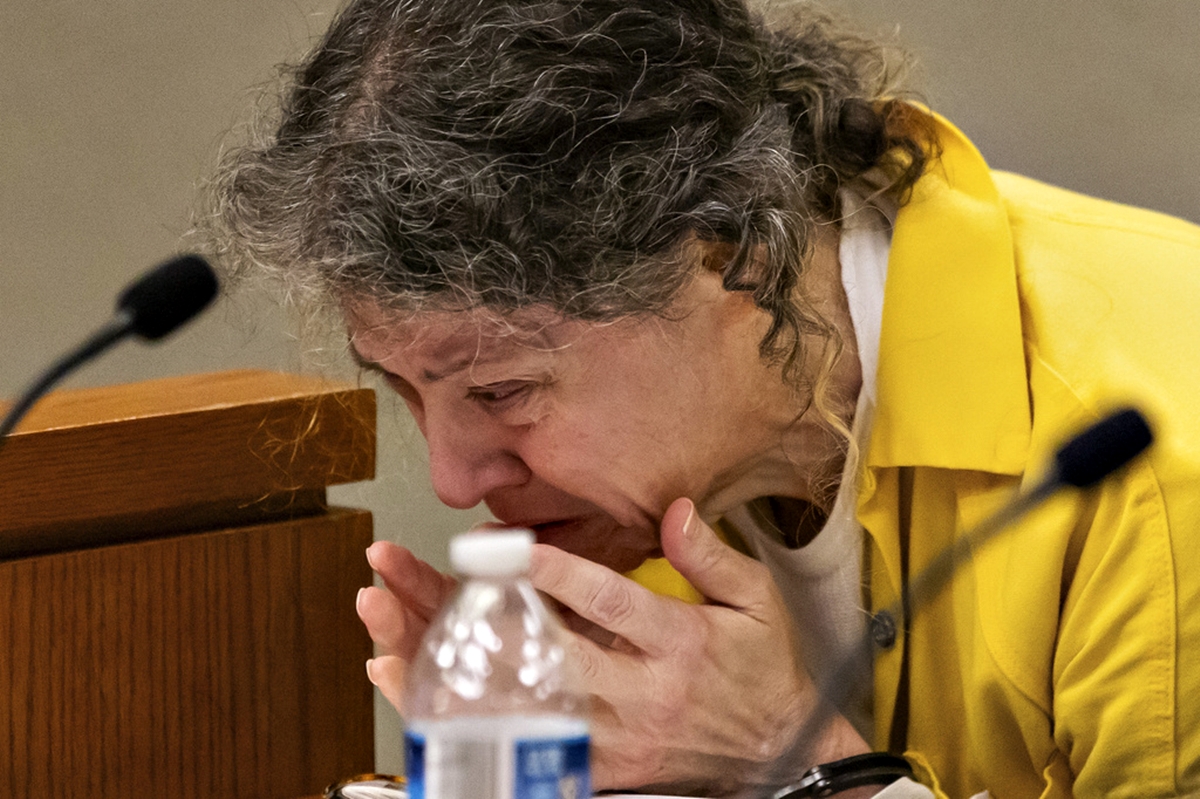 Defendant Susan Lorincz, who fatally shot a Black neighbor through her front door during an ongoing dispute, weeps after addressing the court during her sentencing hearing Monday, Nov. 25, 2024, in Ocala, Fla.