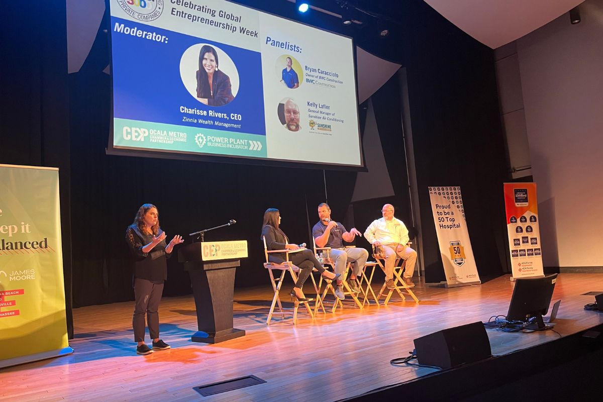 Ocala CEP Vice Chair Charisse Rivers (left) sits alongside BWC Construction Owner Brian Caracciolo (middle) and Sunshine Air Conditioning GM Kelly Lafler (right) during a panel at the exCEPtional Morning's breakfast