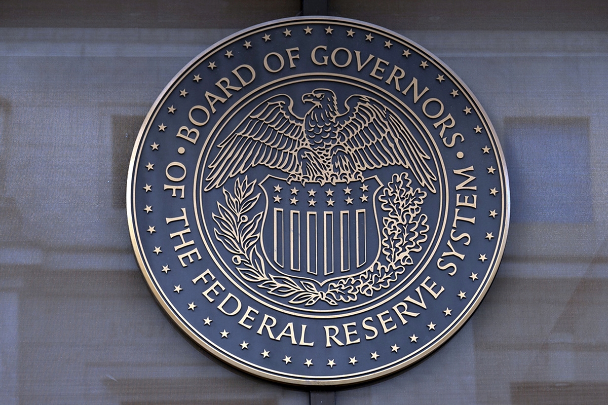 The seal of the Federal Reserve Board is seen at the building in Washington, Dec. 8, 2024.
