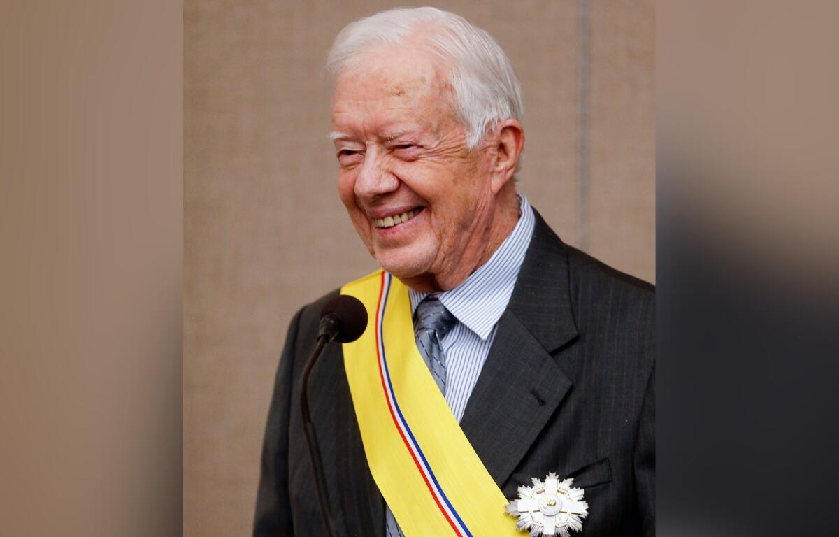 Former President Jimmy Carter addresses the audience after being awarded the Order of Manuel Amador Guerrero by Panamanian President Juan Carlos Varela during a ceremony at the Carter Center in Atlanta, Jan. 14, 2016. The award, named for Panama's first president, recognizes distinguished people in the areas of politics, science and the arts.