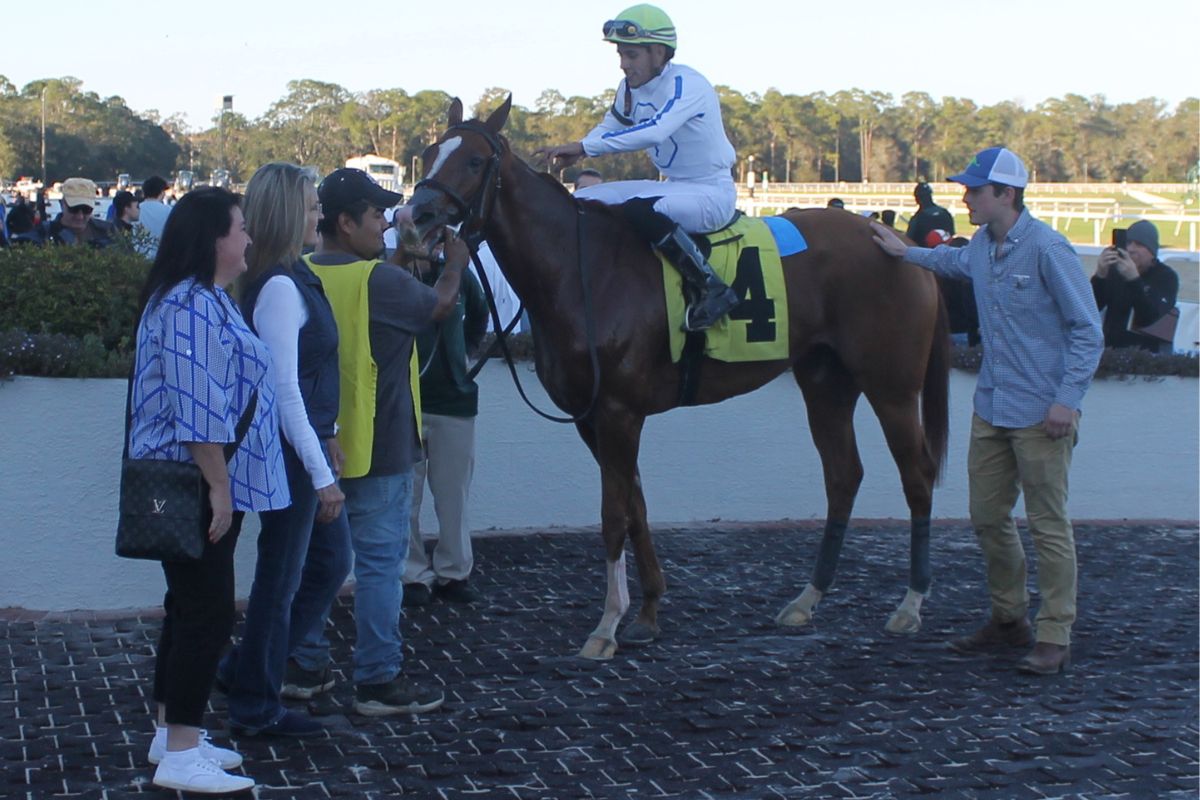 Mrs. Worldwide crosses the finish line to win the 47th running of the Sandpiper Stakes at Tampa Bay Downs in Oldsmar, Fla., on Dec. 7, 2024. The 2-year-old filly was bred in Morriston, Fla., by Rebecca Ming and is trained by Brian Lynch.
