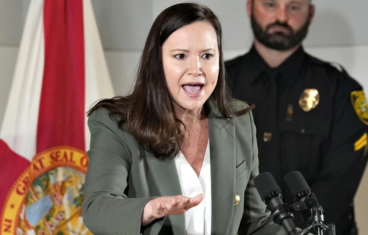 FILE - Florida Attorney General Ashley Moody speaks at a news conference, Jan. 26, 2023, in Miami.