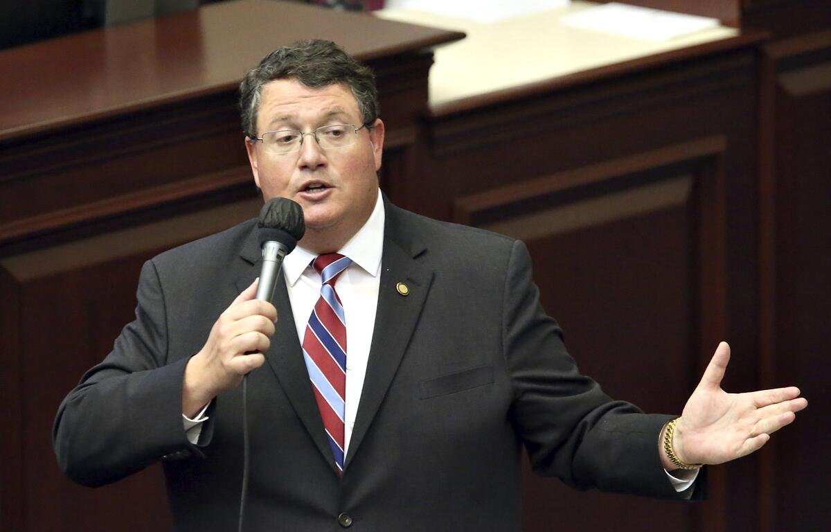 FILE - Rep. Randy Fine, R-South Brevard County, closes on a gambling bill during a special session, Wednesday, May 19, 2021, in Tallahassee, Fla.