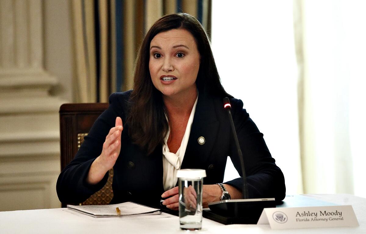 FILE: Then-Florida Attorney General Ashley Moody speaks during a roundtable discussion with President Donald Trump and law enforcement officials, Monday, June 8, 2020, at the White House in Washington.