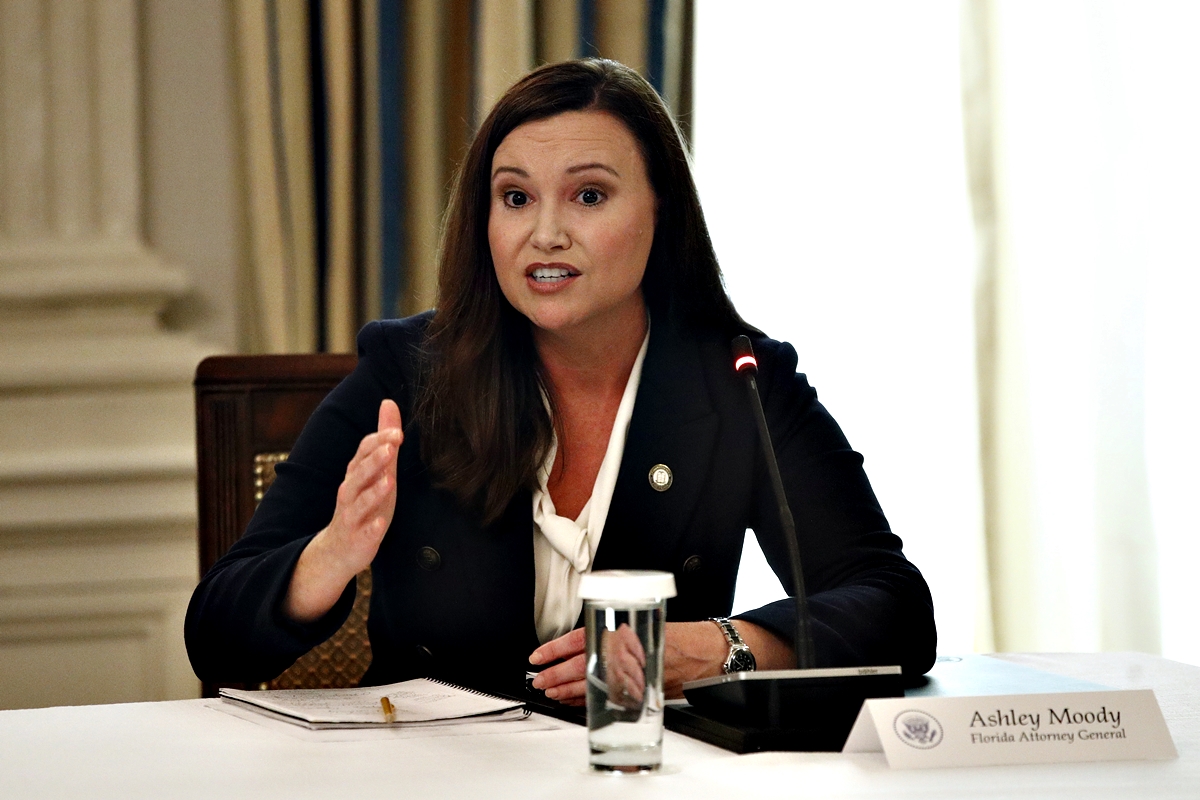 FILE: Then-Florida Attorney General Ashley Moody speaks during a roundtable discussion with President Donald Trump and law enforcement officials, Monday, June 8, 2020, at the White House in Washington.