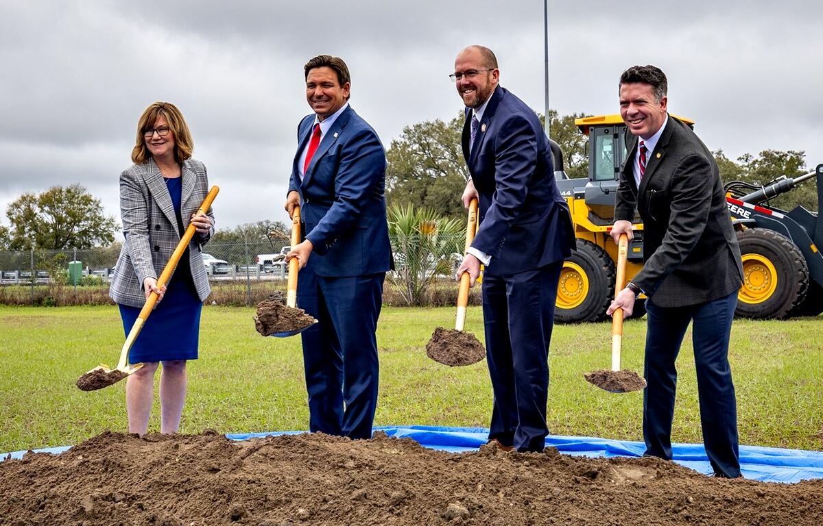 Florida Gov. Ron DeSantis breaks ground on the I-75 expansion project in Ocala, Fla., on Feb. 25, 2025. The project, part of the Moving Florida Forward initiative, includes new auxiliary lanes and a 49th Street interchange, the future site of Buc-ee’s.