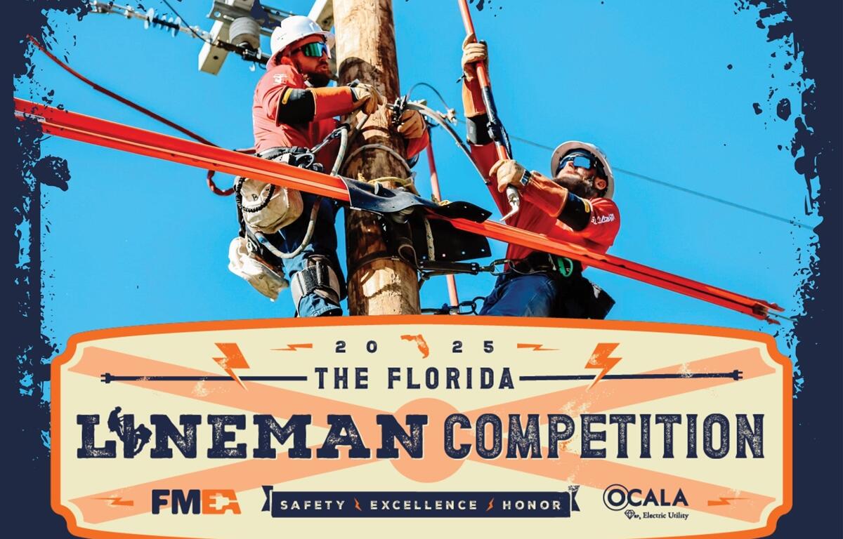 A team of utility lineworkers competes in the 2025 Lineman Rodeo at the World Equestrian Center in Ocala, Fla., showcasing their skills in safety, precision, and teamwork.