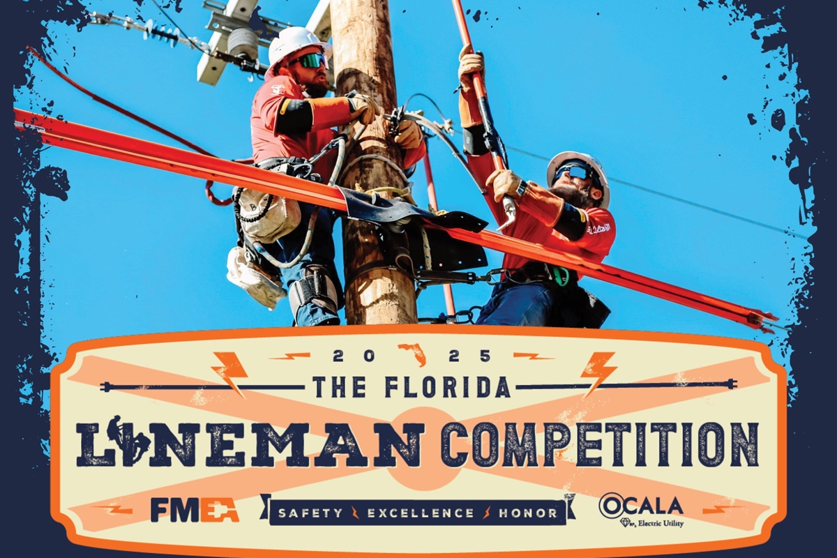 A team of utility lineworkers competes in the 2025 Lineman Rodeo at the World Equestrian Center in Ocala, Fla., showcasing their skills in safety, precision, and teamwork.