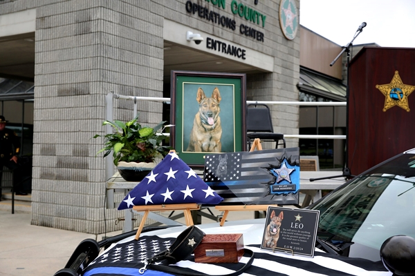 A memorial honoring K-9 Leo stands in tribute to his service and sacrifice. The Marion County Sheriff’s Office marks one year since his line-of-duty death.