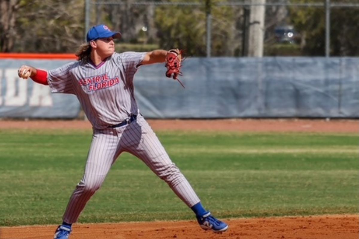 College of Central Florida shortstop Logan Chapman makes a strong throw to first base during Tuesday night's game against Tallahassee State College in Tallahassee. Chapman played a key role in the Patriots' 12-9 comeback win, including a game-tying home run in the ninth inning.