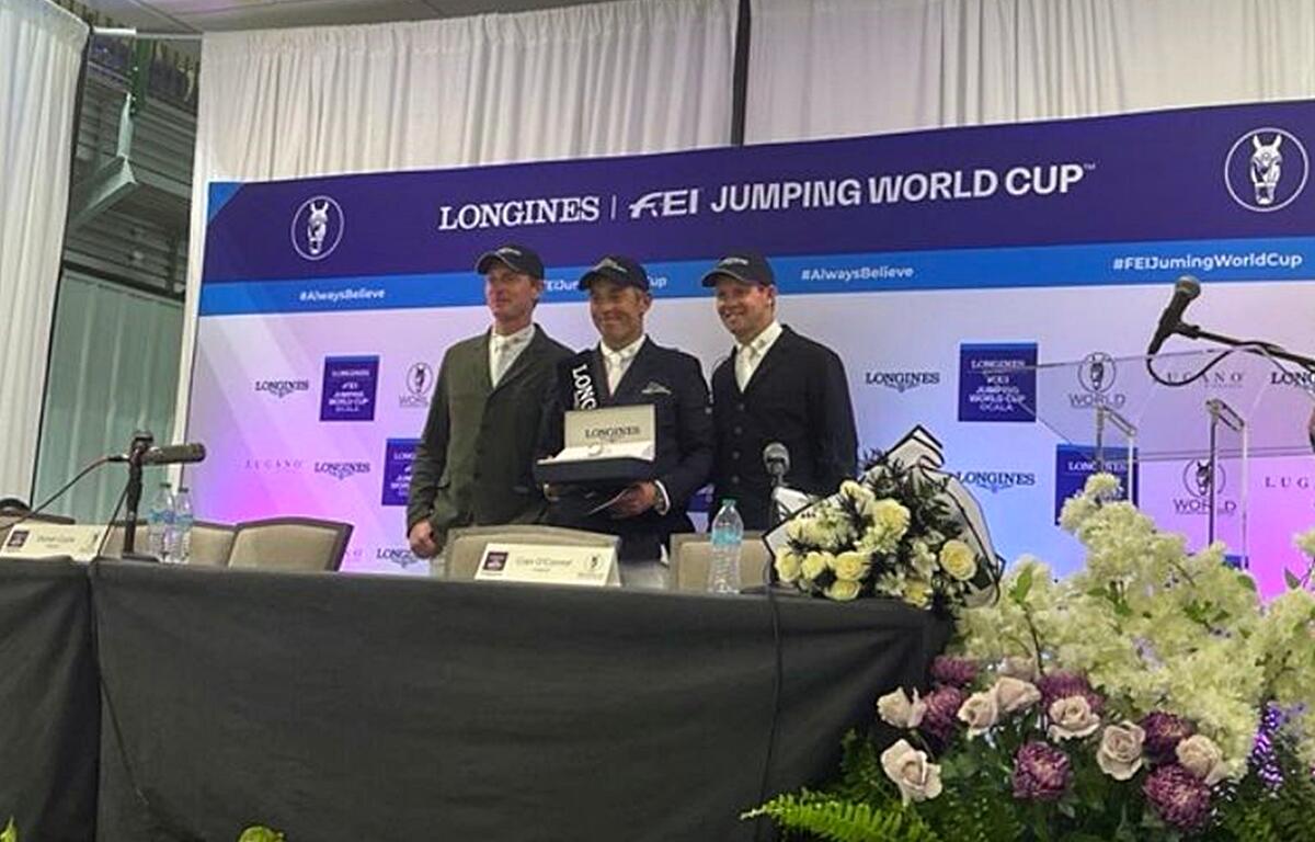 (L to R) Daniel Coyle, Cian O'Connor, and Shane Sweetnam celebrate after the Longines FEI™ Jumping World Cup™ qualifier at the World Equestrian Center in Ocala, Fla., on Feb. 15, 2025. O'Connor and Bentley de Sury claimed victory, with Sweetnam and James Kann Cruz finishing second and Coyle aboard Incredible taking third. Irish riders swept the top four spots, with five going fault-free in the first round and four delivering double-clear performances.