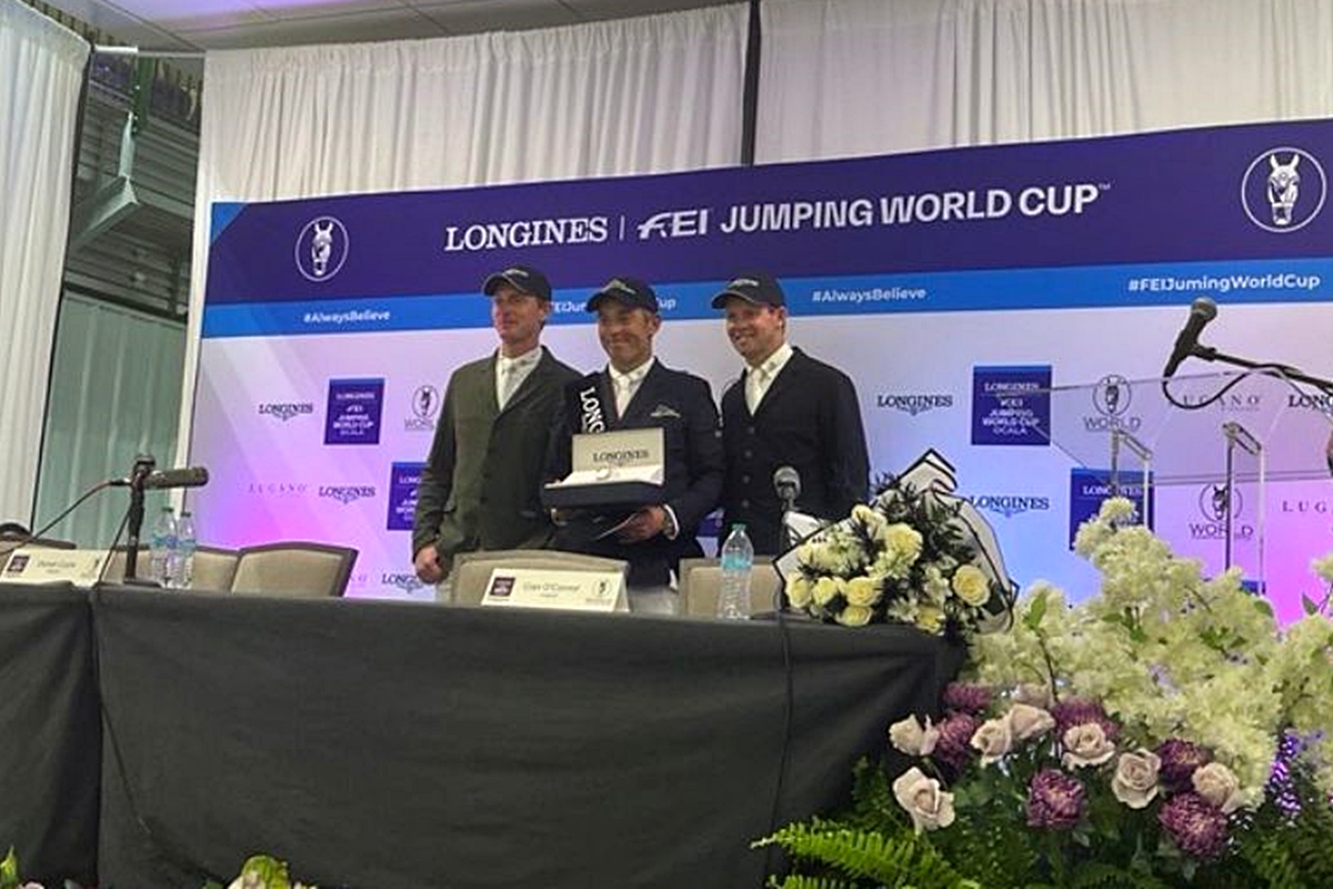 (L to R) Daniel Coyle, Cian O'Connor, and Shane Sweetnam celebrate after the Longines FEI™ Jumping World Cup™ qualifier at the World Equestrian Center in Ocala, Fla., on Feb. 15, 2025. O'Connor and Bentley de Sury claimed victory, with Sweetnam and James Kann Cruz finishing second and Coyle aboard Incredible taking third. Irish riders swept the top four spots, with five going fault-free in the first round and four delivering double-clear performances.