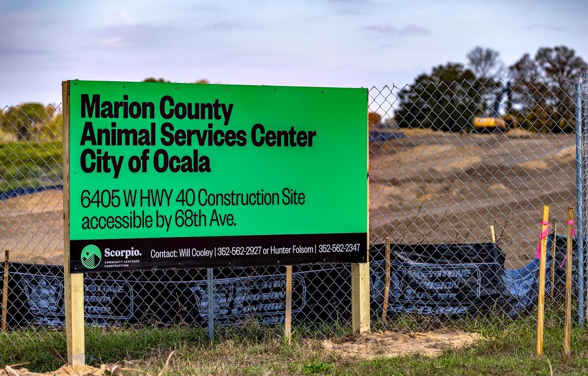 A sign marks the future home of the Marion County Animal Services shelter at 6405 W. Highway 40 in Ocala, Fla., as construction progresses on the highly anticipated facility, set to open in December 2025