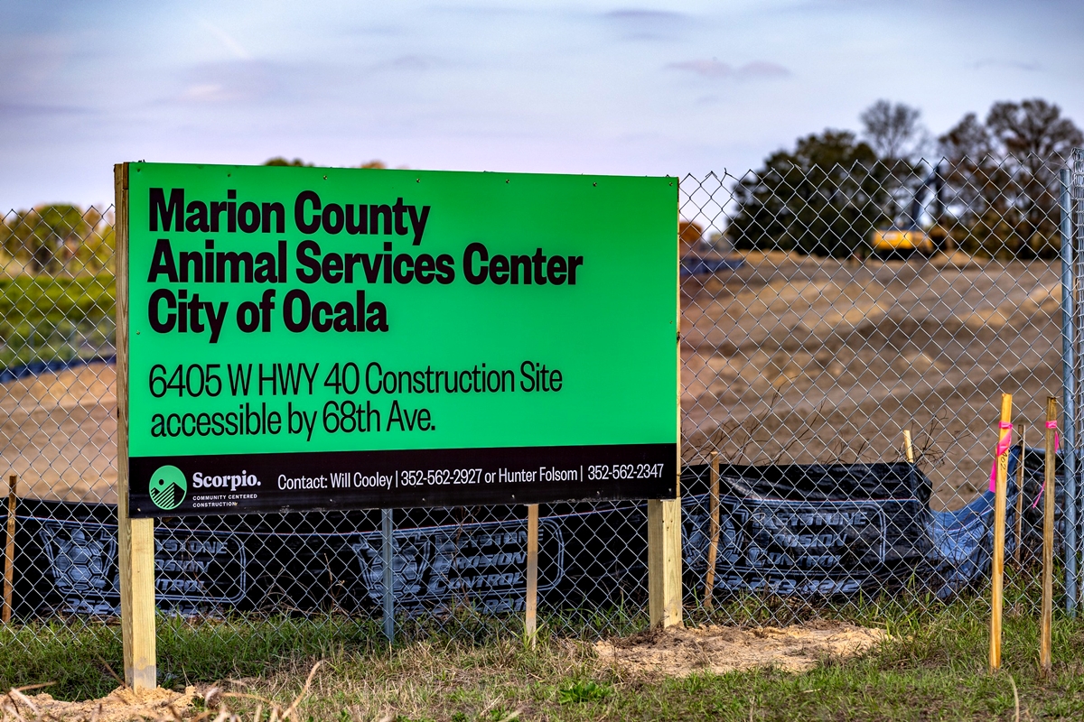 A sign marks the future home of the Marion County Animal Services shelter at 6405 W. Highway 40 in Ocala, Fla., as construction progresses on the highly anticipated facility, set to open in December 2025