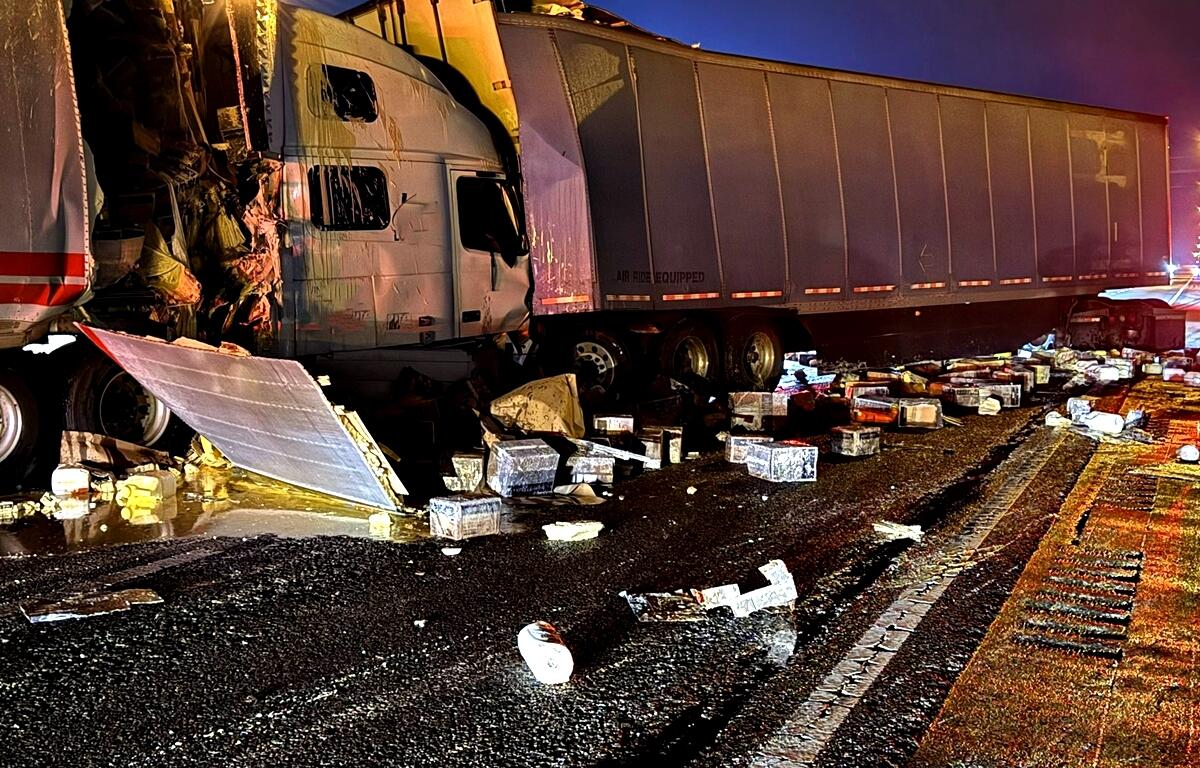 Emergency crews respond to a multi-vehicle crash involving three semi-trucks and a passenger vehicle on southbound Interstate 75 at mile marker 351 in Ocala, Fla., on Tuesday, Feb. 4, 2025.