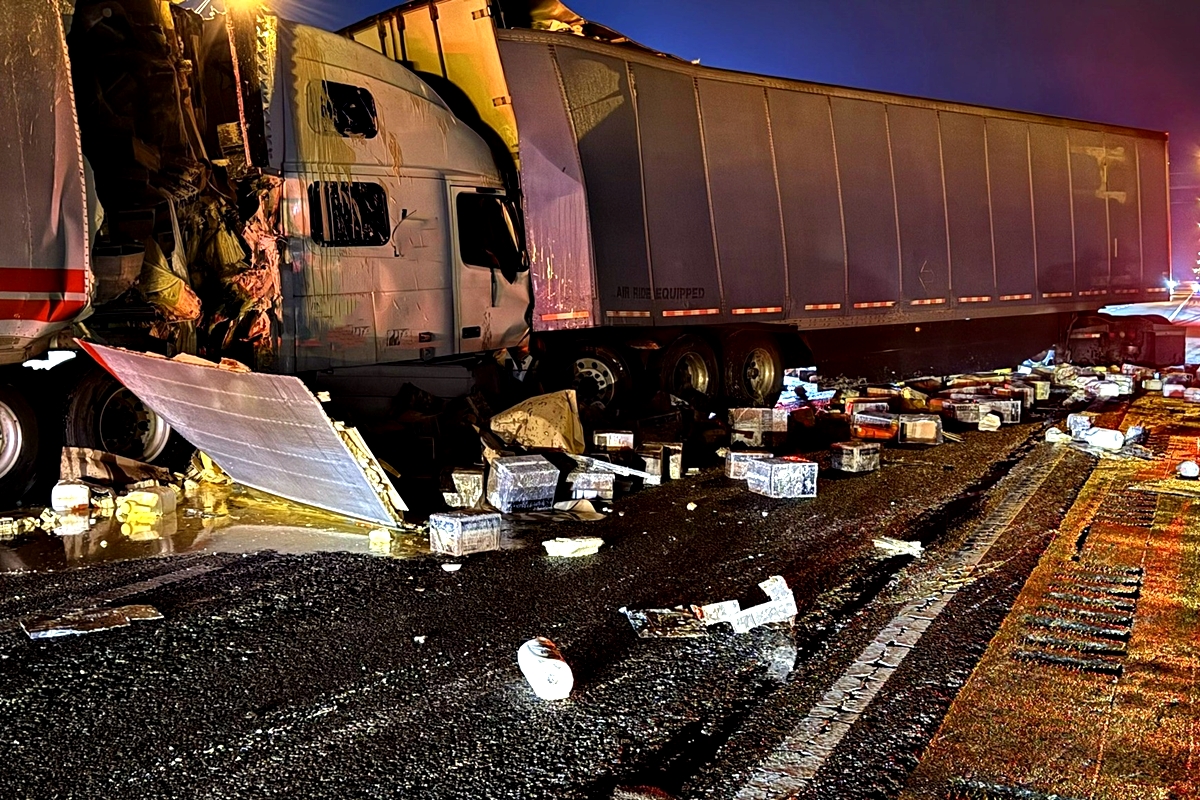 Emergency crews respond to a multi-vehicle crash involving three semi-trucks and a passenger vehicle on southbound Interstate 75 at mile marker 351 in Ocala, Fla., on Tuesday, Feb. 4, 2025.