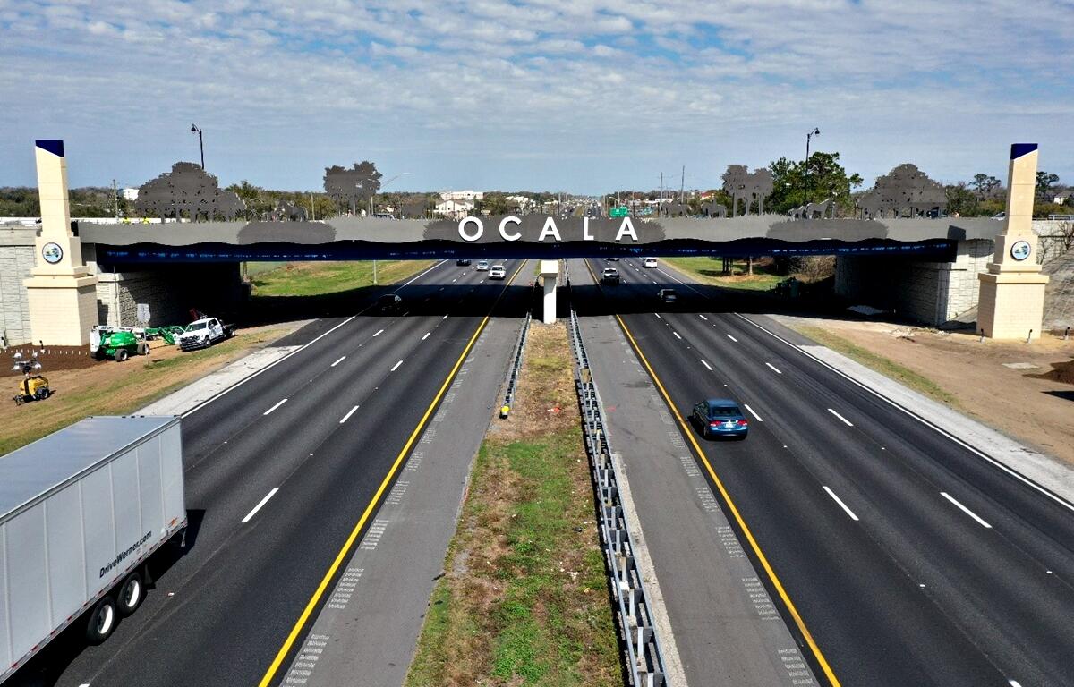 The newly installed “OCALA” sign at the south gateway on Interstate 75 stands at the 42nd Street flyover in Marion County, FL. The project, funded entirely by tourist development tax revenue, is expected to be substantially complete by March 2025.