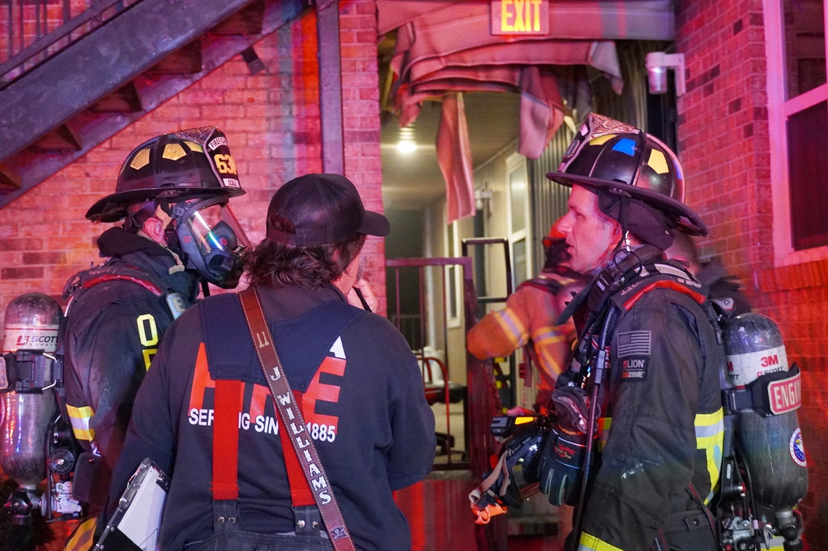Firefighters work to extinguish a blaze at Berkley Pointe Apartments in Ocala, Fla., on Thursday, Feb. 6, 2025. Crews contained the fire to a single unit and rescued a family’s cat. No injuries were reported.