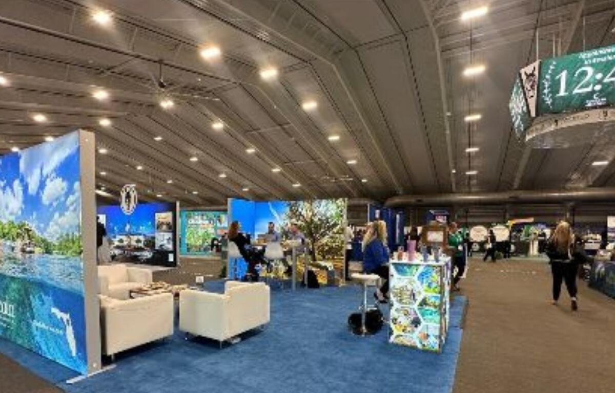 Attendees network on the tradeshow floor at Florida Huddle and Encounter 2025, held at the World Equestrian Center—Ocala in Ocala, Fla., on Feb. 3-5, 2025. The event brought together 550 travel industry professionals from 27 countries for business appointments, networking, and industry updates.