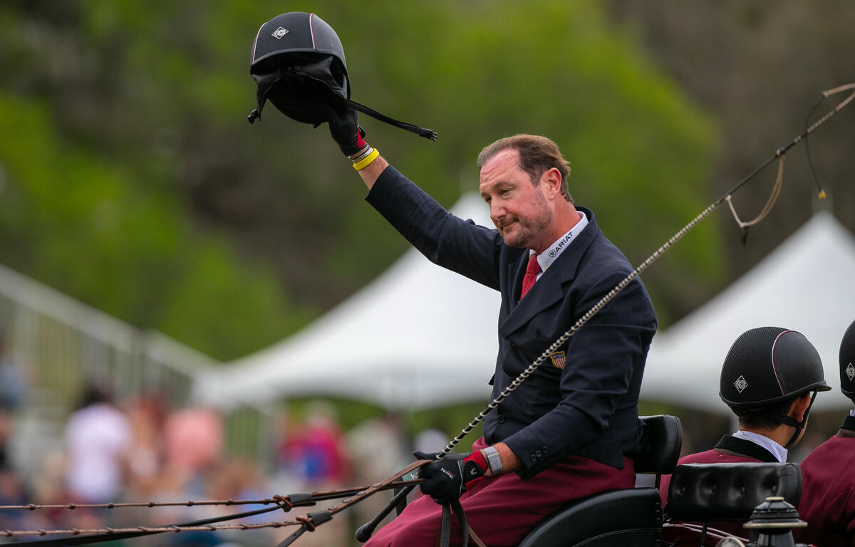 Chester Weber celebrates his winning run during Live Oak International at Live Oak Farm in Ocala, FL on Sunday, March 16, 2025.